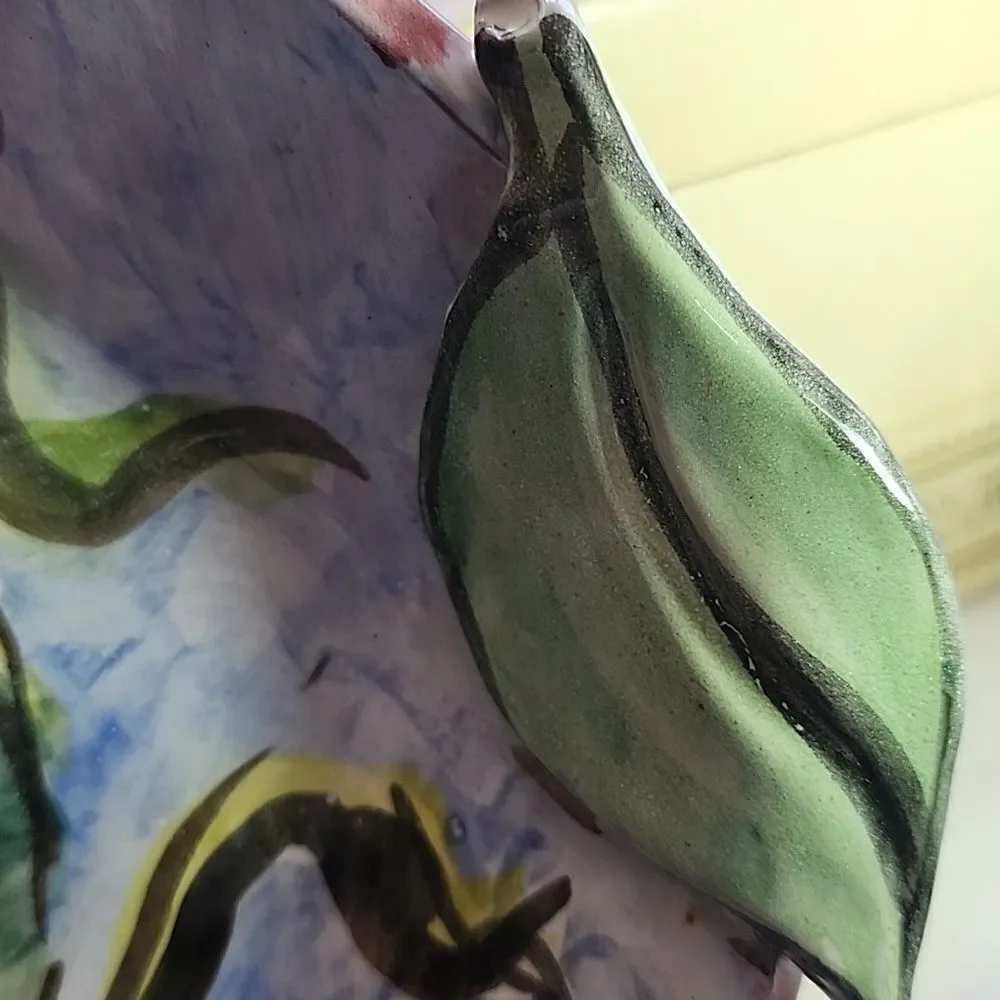 Tropical Platter Handpainted Art Pottery Dish Leaf Handles and Tropical Birds